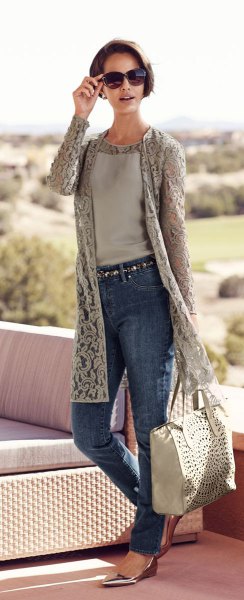 light gray long line lace jacket with blue skinny jeans