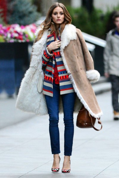 crepe long shearling skirt with color block jacket and jeans