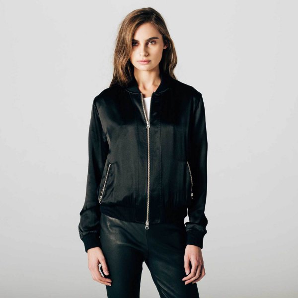 black bomber jacket with leather pants