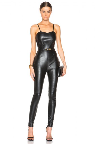 spaghetti strap with belt in leather jumpsuit with heels with open toe