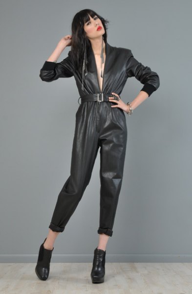 black belted cuffed jumpsuit with leather ankle boots