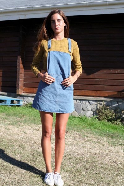 light blue denim pinafore dress with lime green ribbed sweater