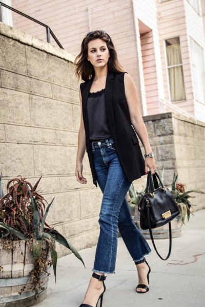 black sleeveless blazer with silk camisole jeans