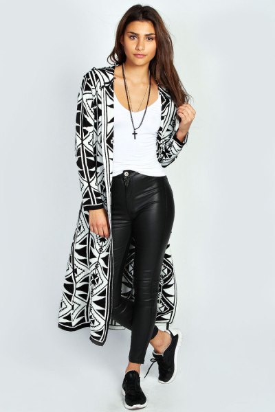 black and white printed hood cardigan and leather leggings