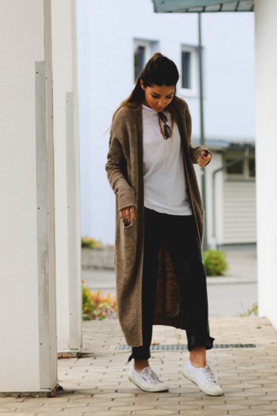 maxi hooded cardigan with white oversized tee and black baggy jeans