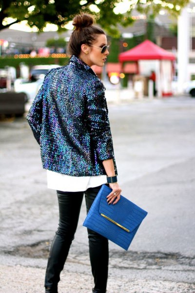 black sequin blazer with white blouse in black leather