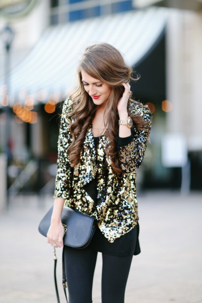 gold sequin blazer with black long blouse leggings