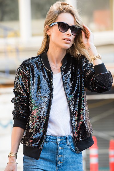 black sequin blazer with white tee and button jeans front