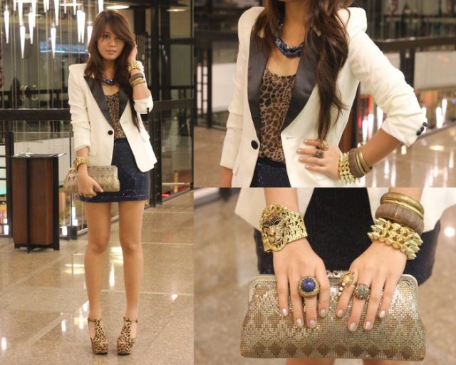white blazer and black mini skirt