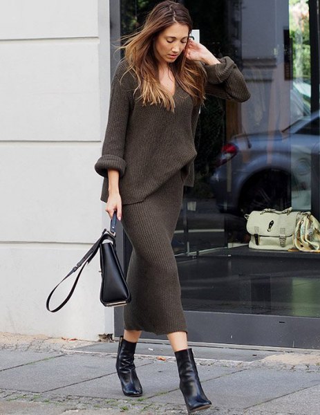 dark gray faux two length long sleeve maxi knit dress
