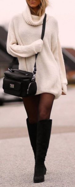 white knitted dress in white neck with black knee high boots
