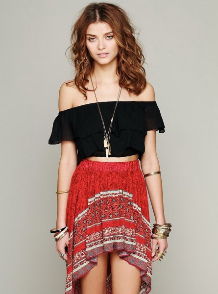 black off the shoulder cropped blouse red high low mini bohemian skirt