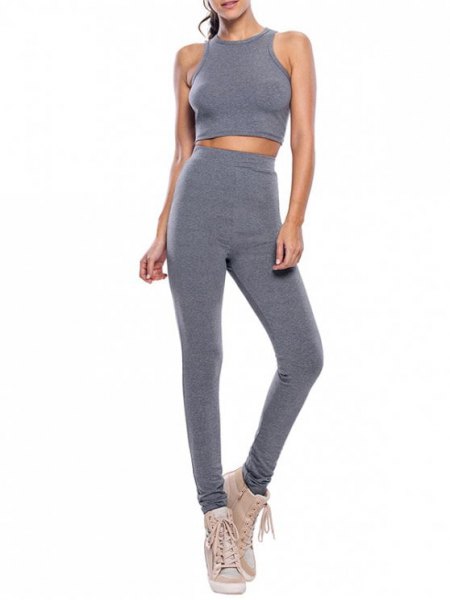 gray two-piece set with top joggers