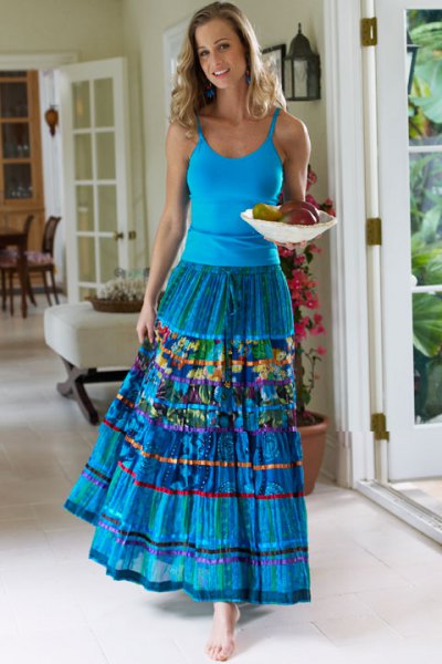 blue vest top floral printed peasant skirt