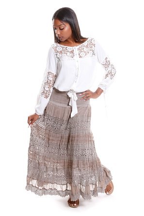 white lace blouse pink peasant skirt