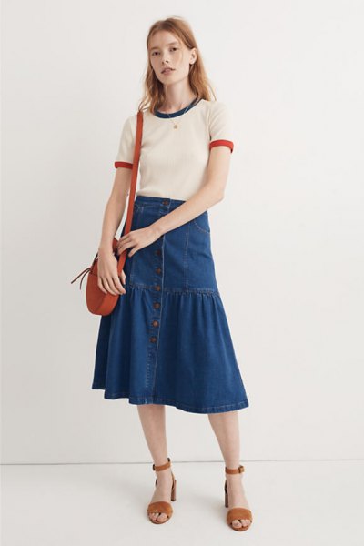 white t-shirt blue midi denim peasant skirt
