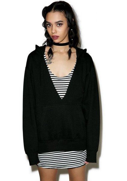 black cut out deep v-neck hoodie striped shift mini dress