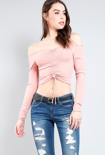 pink off shoulders long sleeve ruched crop top ripped jeans