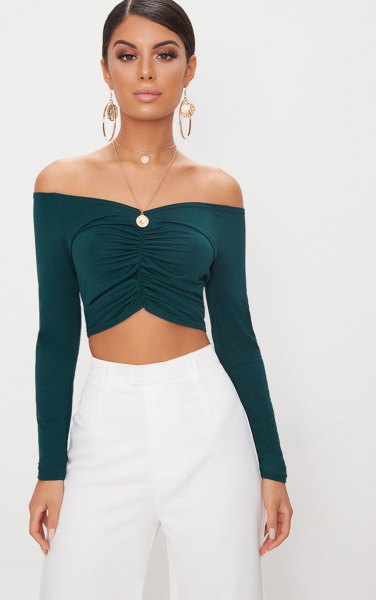 dark green of the shoulder ruched crop top white wide leg pants