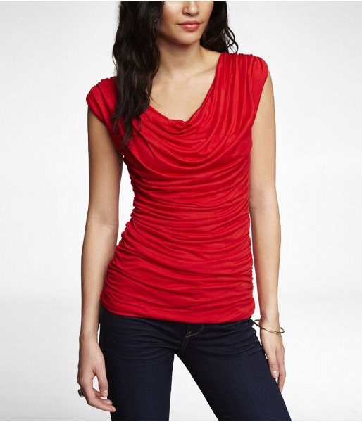 red ruched cowl neck sleeveless top black skinny jeans