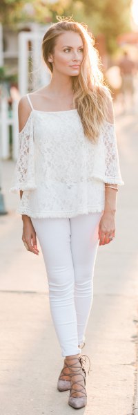 cold shoulder crochet lace top white skinny jeans