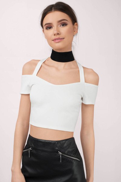 white cold shoulder crop top black leather skirt