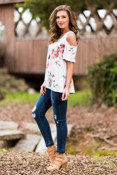 white flowers with cold shoulder shirt, buttoned heel sandals