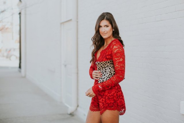 red long sleeve lace deep v-neck romper
