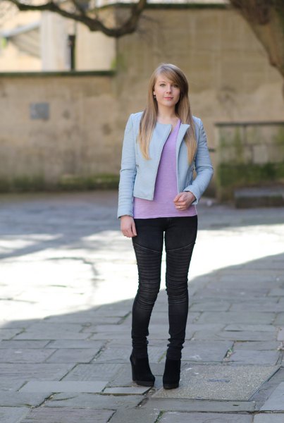 light blue leather jacket with matching knit sweater