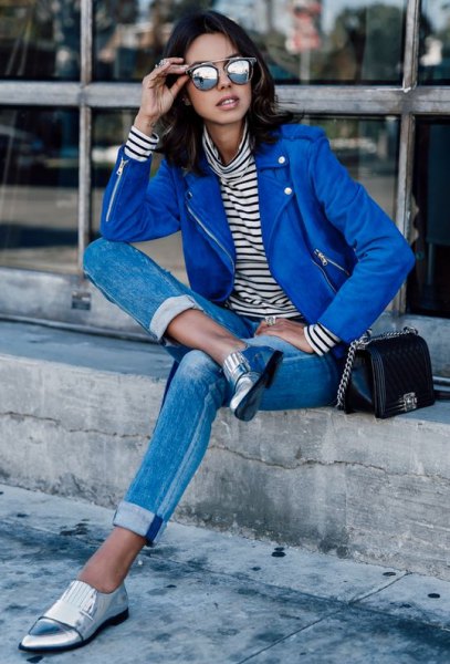 blue leather jacket navy blue and white striped long sleeve tee