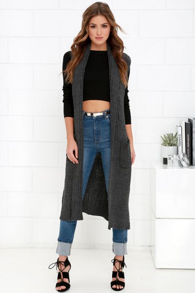 black cropped sweater cuff skinny jeans