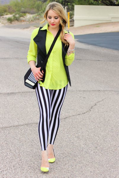 black and white striped leggings yellow button up shirt