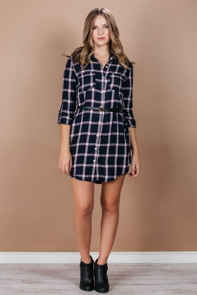 navy and white plaid flannel shirt dress leather ankle boots