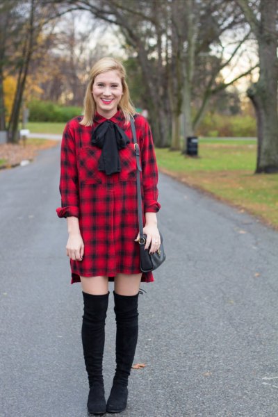 red and black flannel shirt dress with ribbon bow