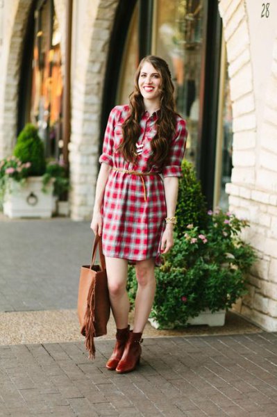 green and white plated shirt dress