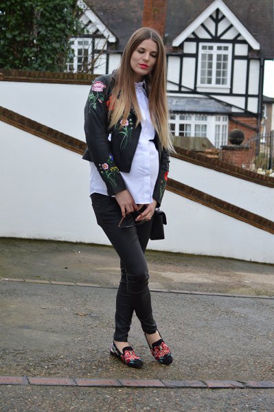 embroidered leather jacket white shirt black skinny jeans