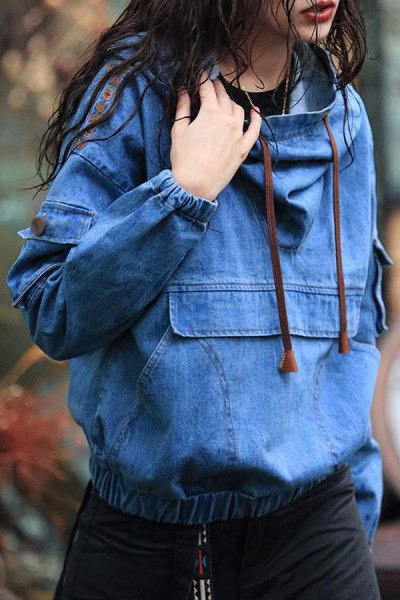 blue chambray embroidered hoodie black shift dress
