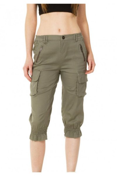 army green long cargo shorts with black crop top
