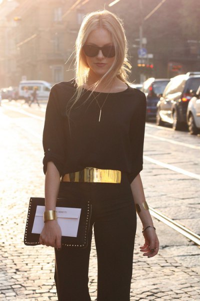 gold waist belt black half-heated casual fit blouse