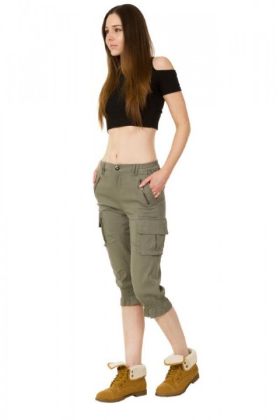 black cold shoulder crop top knee length khaki cargo shorts