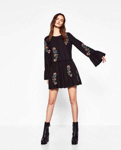 black watch sleeve floral embroidered skater mini dress