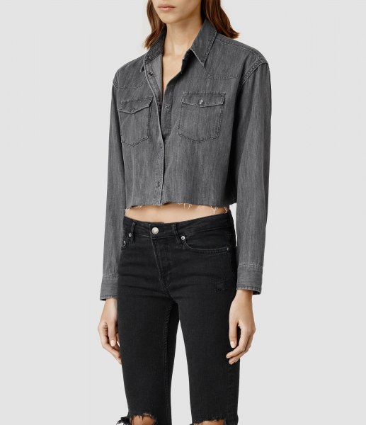 gray cropped denim shirt black ripped skinny jeans