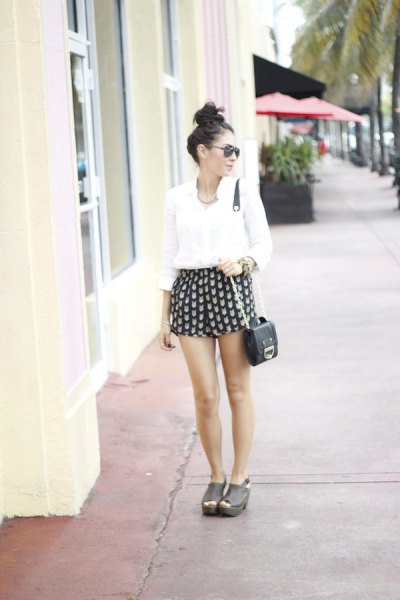 white button up blouse black and pink printed cute floating shorts