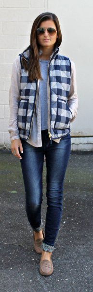 black and white plaid vest with white linen shift jeans