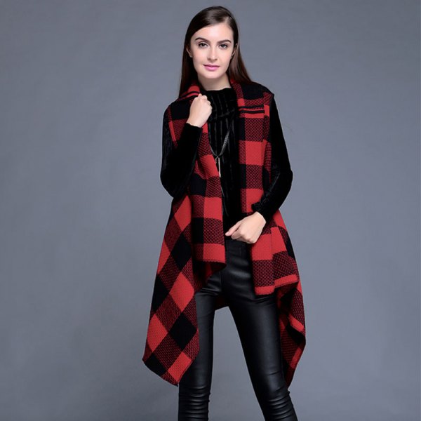 long flannel red and black plaid vest with black leather pants