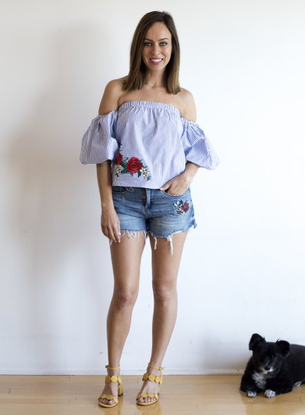 embroidered denim shorts with blue and white striped shoulder blouse