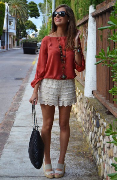 white shorts red boat neck buttonless blouse
