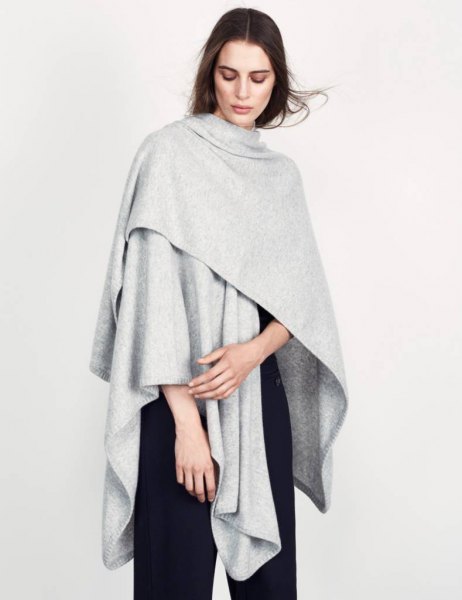 light gray poncho all black outfit