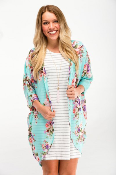 light blue floral cardigan gray and white striped t-shirt dress