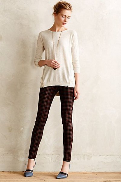 white fitted sweater green and black plaid pant